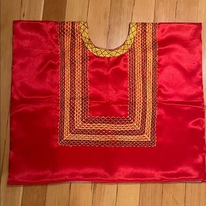 Embroidered Red Satin Caftan Top with Yellow Accent